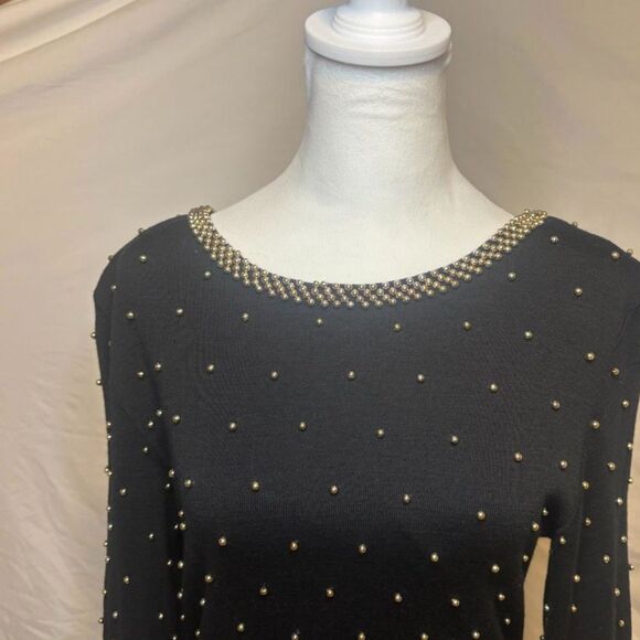 Vintage Et Al Beaded Wool Open V Back Black Dress Long Sleeve Uptown Gold - Picture 3 of 9
